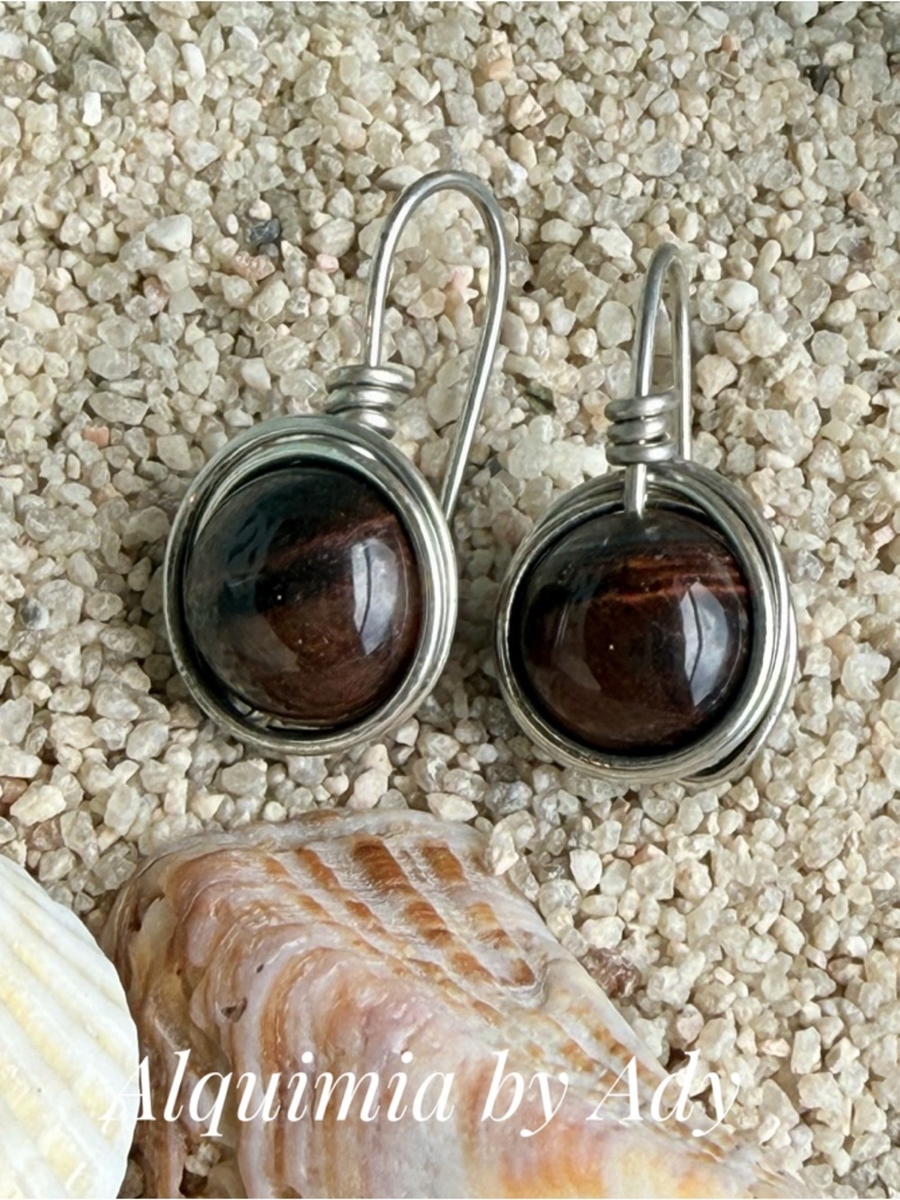 Alquimia Deep Brown Tiger Eye Drop Earrings with Silver Wrap